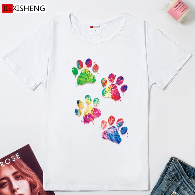 Cartoons Fußabdruck Print Damen T-Shirts Sommer Locker Ärmel O-Ausschnitt T-Shirt Tops 5 Farben Damen T-Shirt