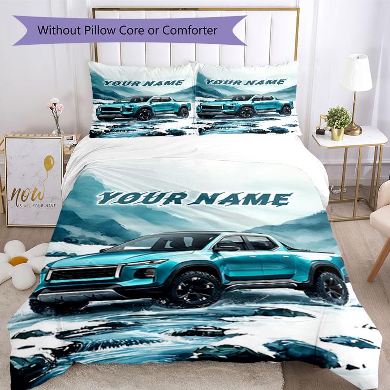 3PC Custom Name Blue Pickup Snowy Landscape Bedding Set Duvet Cover Closure Includes 1 Duvet Cover & 2 Pillowcases for Bedroom