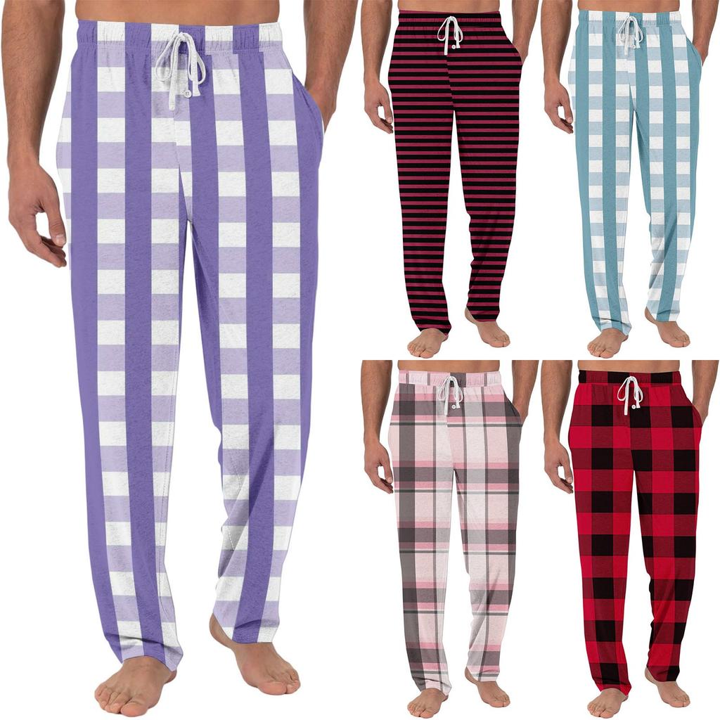 Men's Casual Pajama Pants With Pockets | Plain Stripe Checkered Printed Loose Fit Elastic Waistband For Home Wear