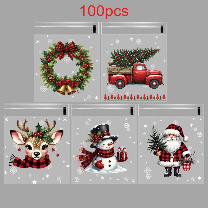 

50/100 шт. Рождественские пакеты для упаковки подарков с принтом снежинки, Санта-Клауса, оленя и остролиста, самоклеящиеся упаковочные пакеты