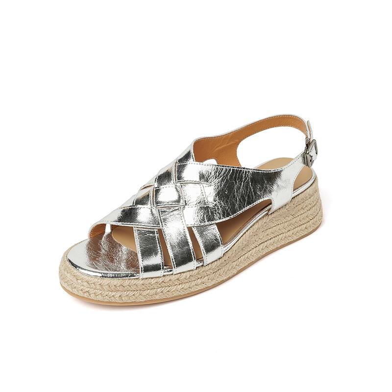 

Fashion NEW Summer Women Sandals Genuine Leather Shoes for Women Band Ankle Strap Shoes Round Toe Platform Shoes Weave Modern Sandals 40 серебряный
