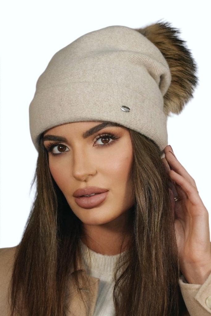 Women' Woolen Hat With Eco Pompom, Light Beige Cameo Color - Chiru