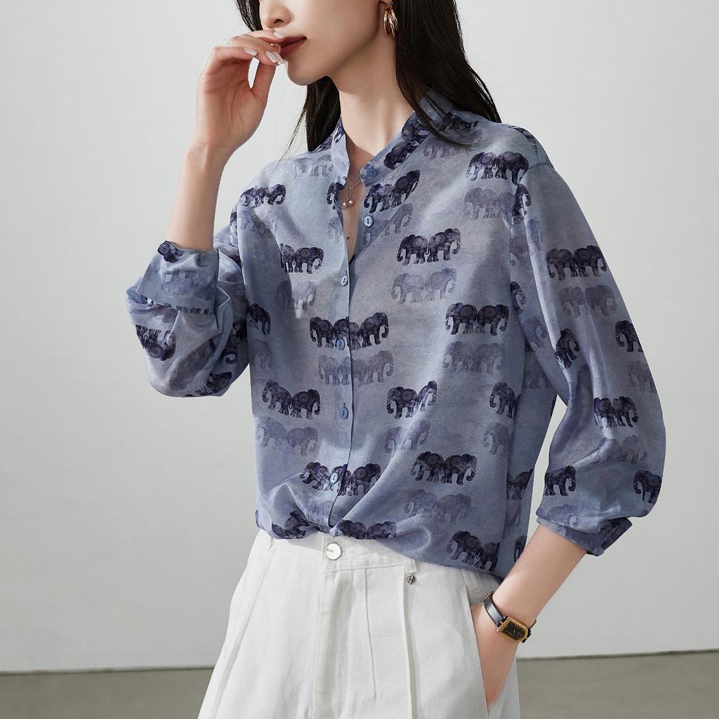 100% mulberry silk printed shirt for women, 2026 spring fashion commuting versatile long sleeved silk shirt