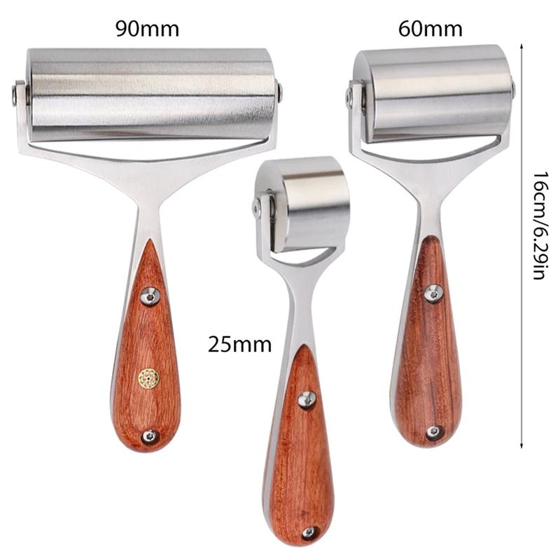 AS60-Pear Wood Handle Leather Roller Glue Edges Laminating Wheel Craft Handmade Smoother Creaser Tool Steel Iron Roll