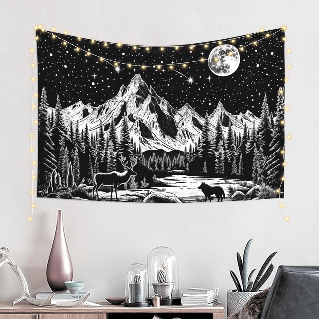 Black And White Tapestry Starry Night Mountain Tapestries For Bedroom Aesthetic Moon And Stars Tapastry'S Wall Hanging Dark