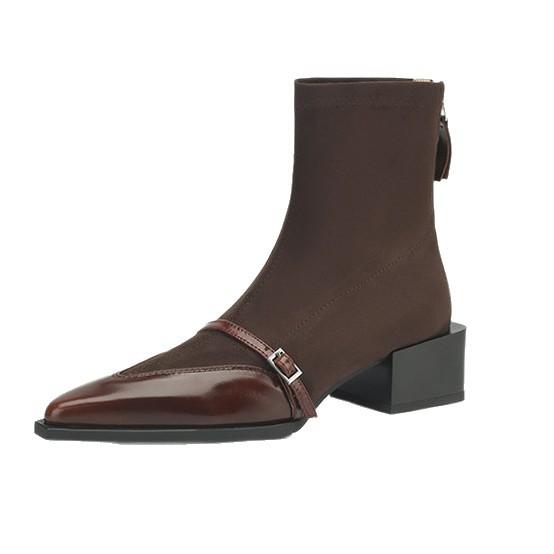 Thick heel pointed head women's retro cowhide splicing small short boots versatile and thin