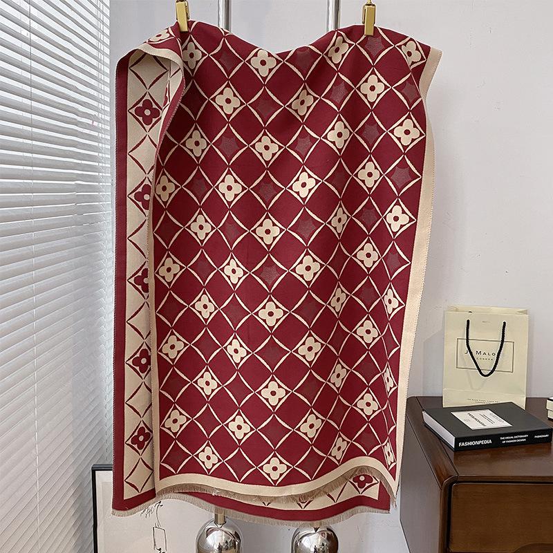 

Двусторонний имитация кашемира геометрический квадратный цветочный принт утолщенный теплый шарф шаль для помещения с кондиционером на улице 180*65 красный