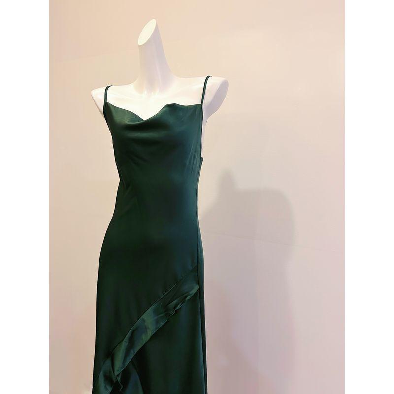 Good Morning with You Sexy French Style Swing Collar Dark Green Slip Nightdress Long to Ankle Satin Ice Silk Mermaid Dress Female