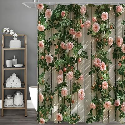 Tenda da Doccia Floreale Rosa con Foglie Verdi, Tenda da Doccia Decorativa per Bagno, Tenda da Doccia Impermeabile con Ganci