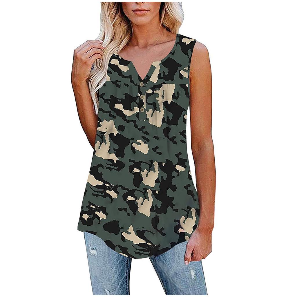 Fashion Womens Summer V-neck Sleeveless Prints Tops Ruffle Loose Tunic Blouse