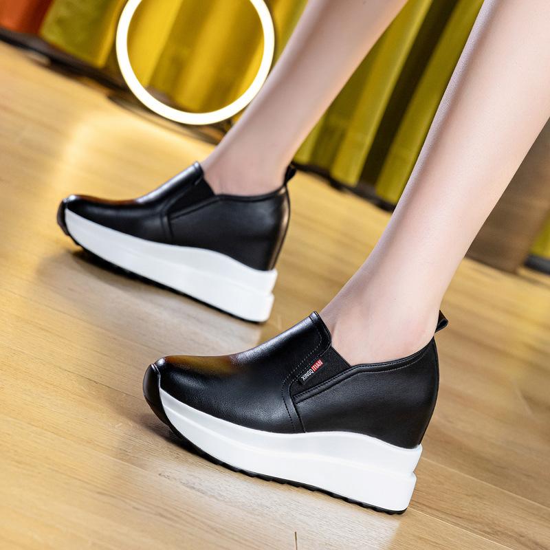 Spring Autumn Wedges Shoes Women Fashion Sneakers Genuine Leather Height Increasing 10cm Black White Shoes