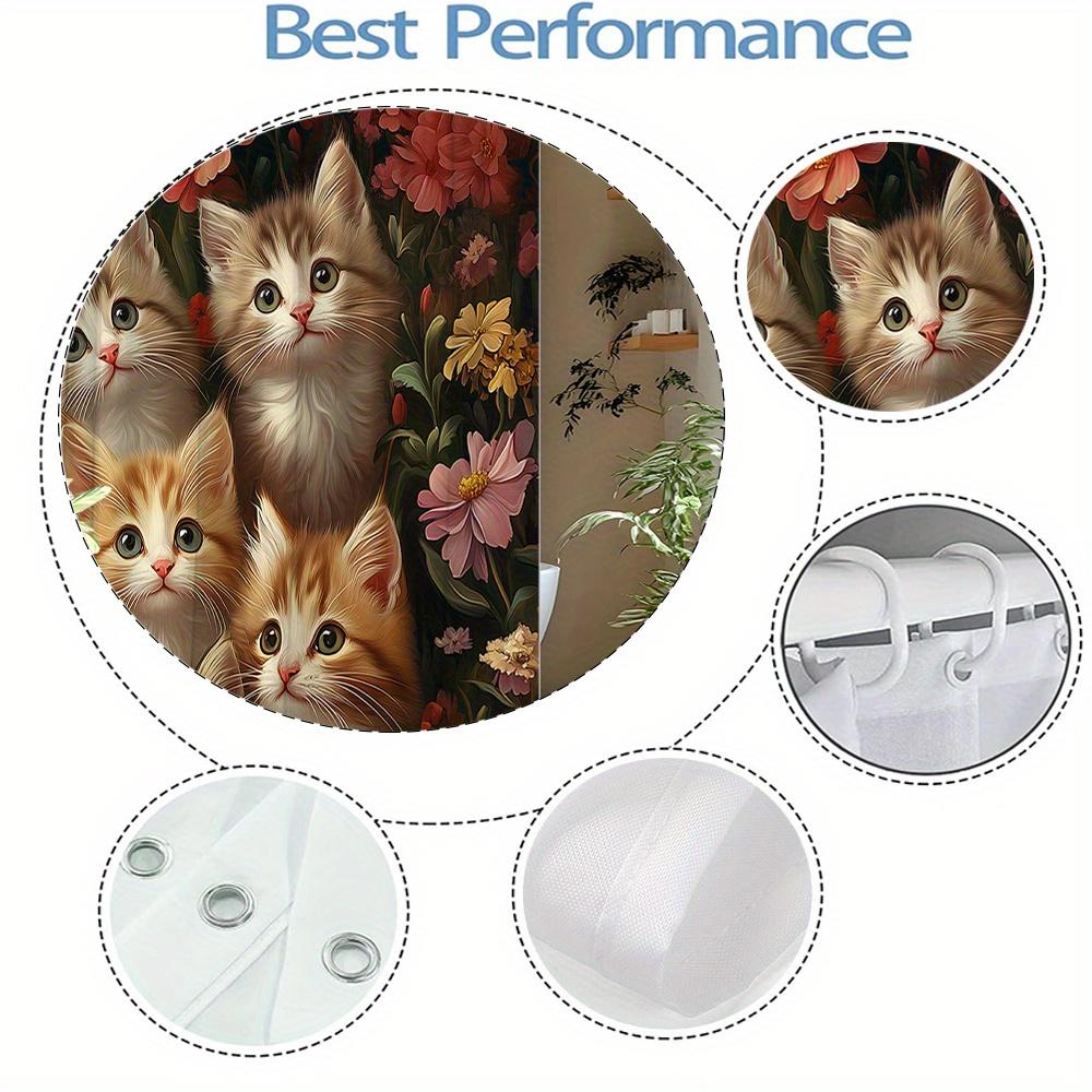 1Pc Shower Curtain - Adorable Kittens And Vibrant Flowers Design For A Cozy Bathroom Waterproof