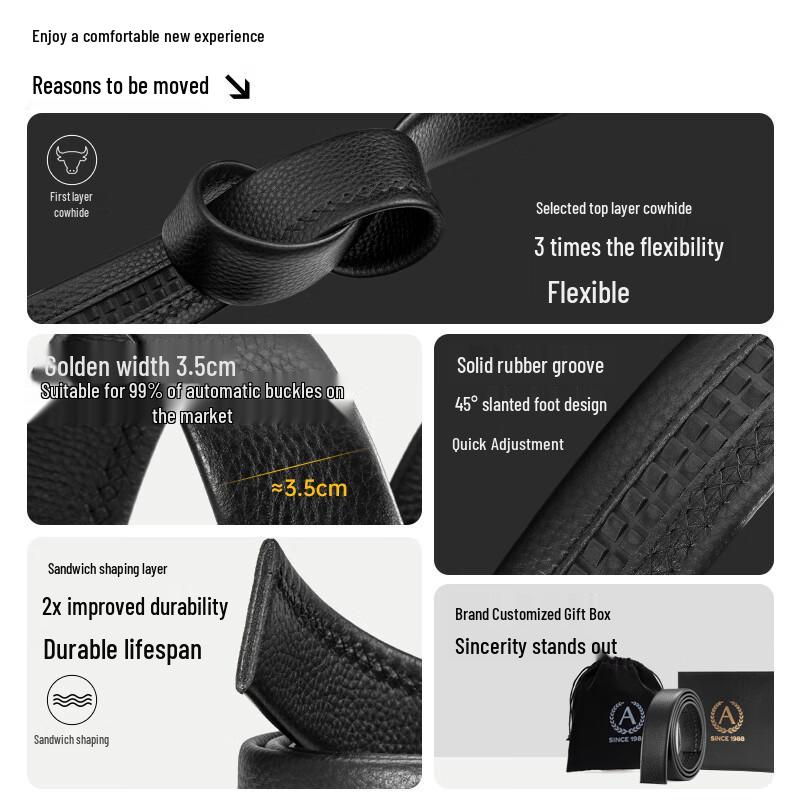 Aokang Men's Genuine Leather Belt Strap for Automatic Buckle