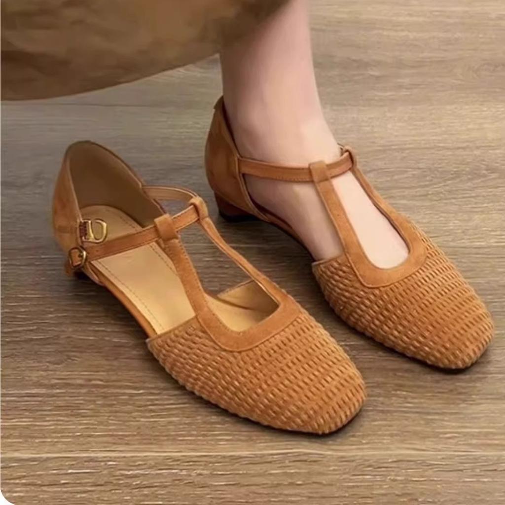 2025 new summer retro woven beautiful Roman sandals women's skirt hollow Mary Jane thick heel bag head single shoes