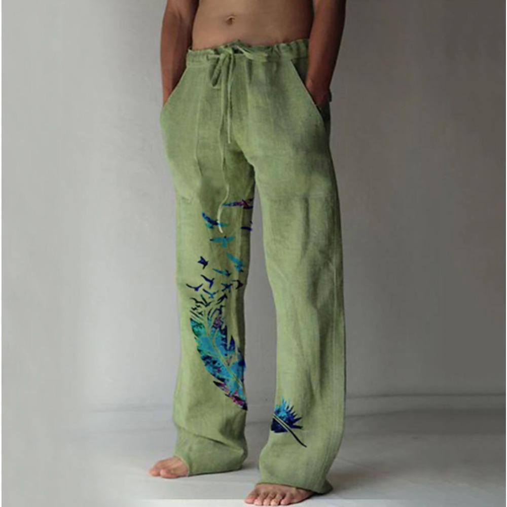 Men's 3D Feather Pattern Printed Baggy Casual Trousers,  Elastic Drawstring Waist with Pockets, for Spring Summer Home Outdoor Vacation