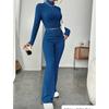 Women's Autumn and Winter Solid Color Knit Set, Long-sleeved High-neck Shirt + Wide-leg High-waisted Pants, Two-piece Set