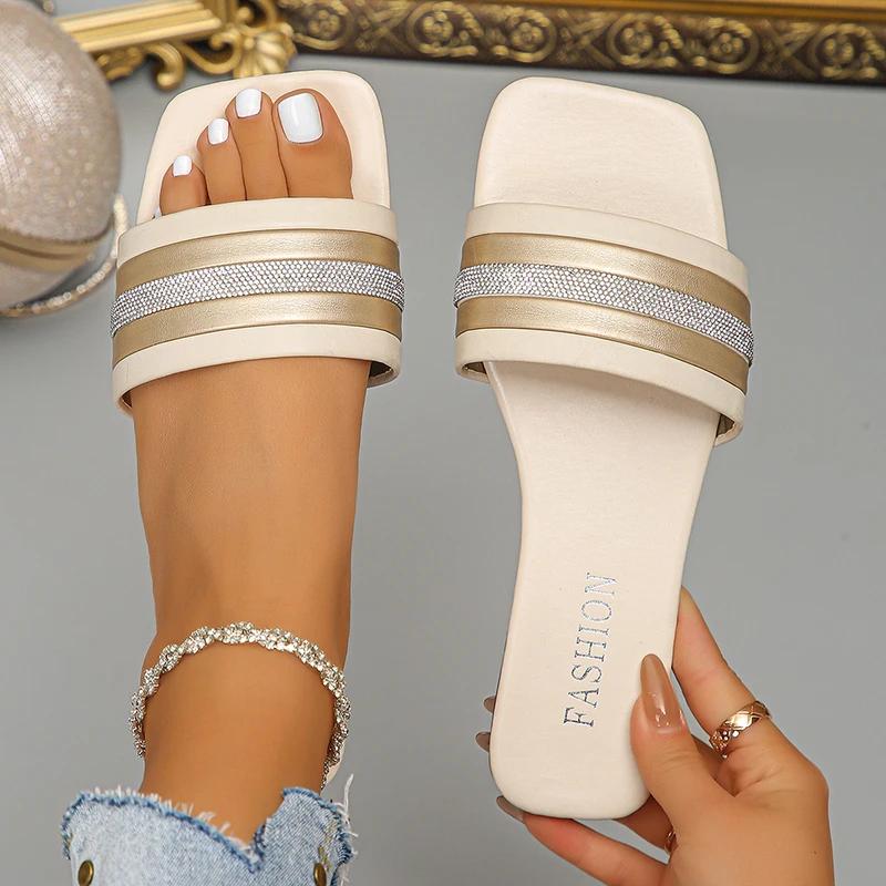 Fashion Fashion New Low Heel Pu Leather Slides Woman Sequins Design Square Toe Slippers Women Summer Slip On Weightlight Sandals Mujer
