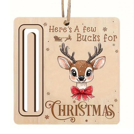 Elk Pattern Xmas Tree Pendants Rustic Santa Reindeer Money Holder Ornament, Wooden Cash Gift Card Winter Holiday Home Decorations Clip with