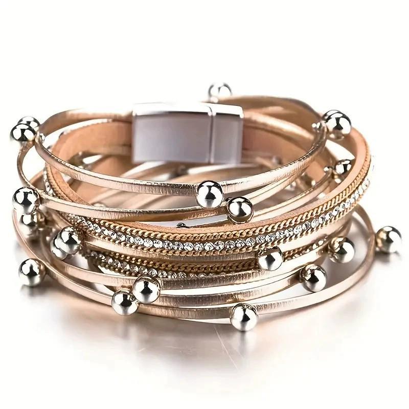 Women's Fashion Rhinestone Leopard Print Multi-Layer Magnetic PU Leather Bracelet