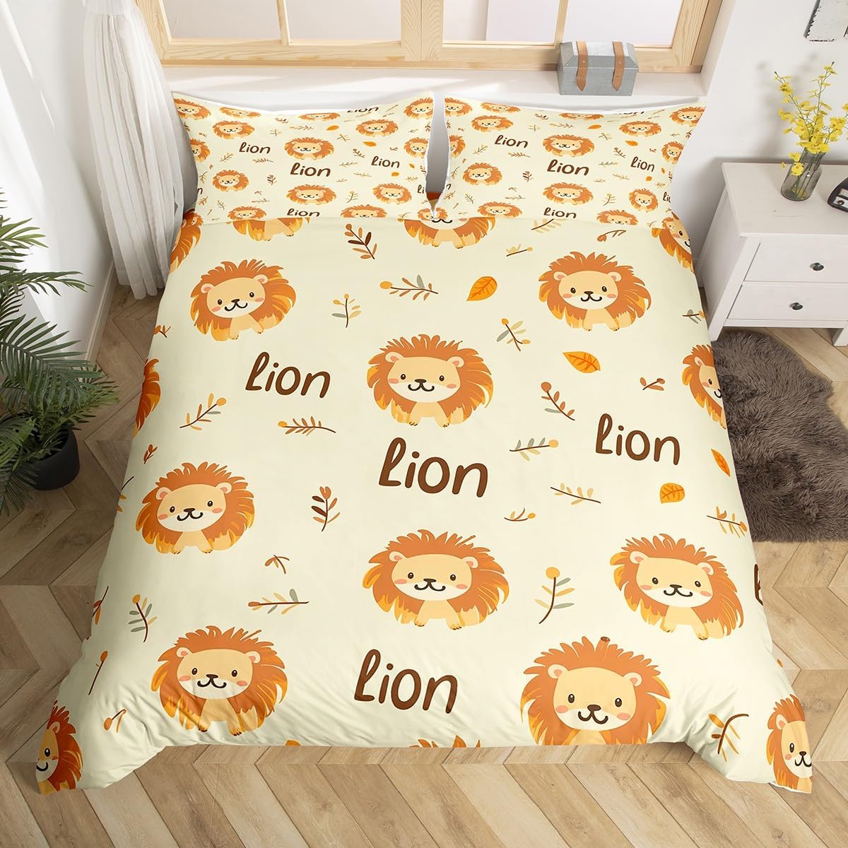 

Cute Cartoon Animals Bedding Set Twin,Kawaii Elephant Lion Print Duvet Cover For Kids Boys Bedroom Decor,Boho Trees Quilt Cover EU Single(135x200cm)
