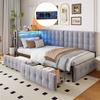 90 X 200 Gestoffeerd Slaapbank, Bed met 2 Lades en LED Nachtlampje, USB en Type-C Poort, Multifunctioneel Kinderbootbed, Eenpersoonsbed Grijs