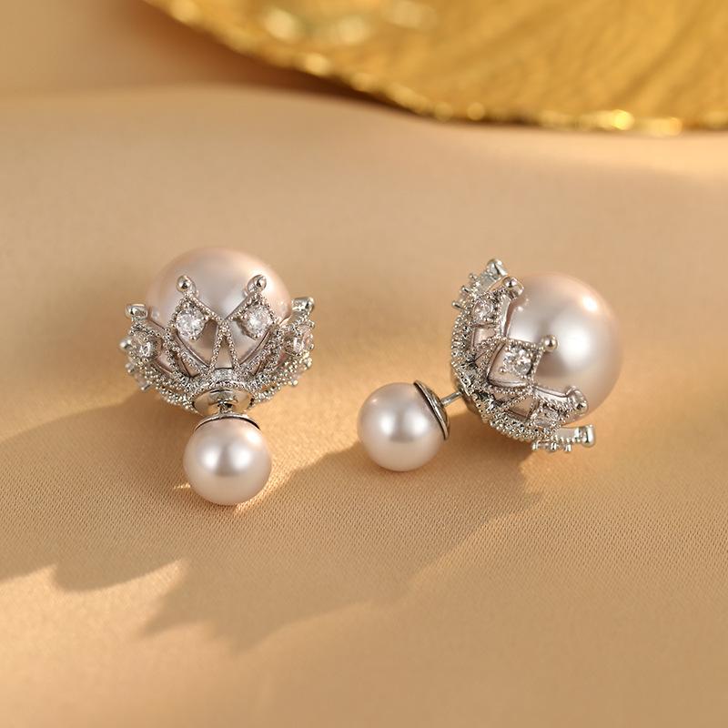 Front and Back Crown Pearl Stud Earrings Luxury Elegant Fashion Pin Earrings