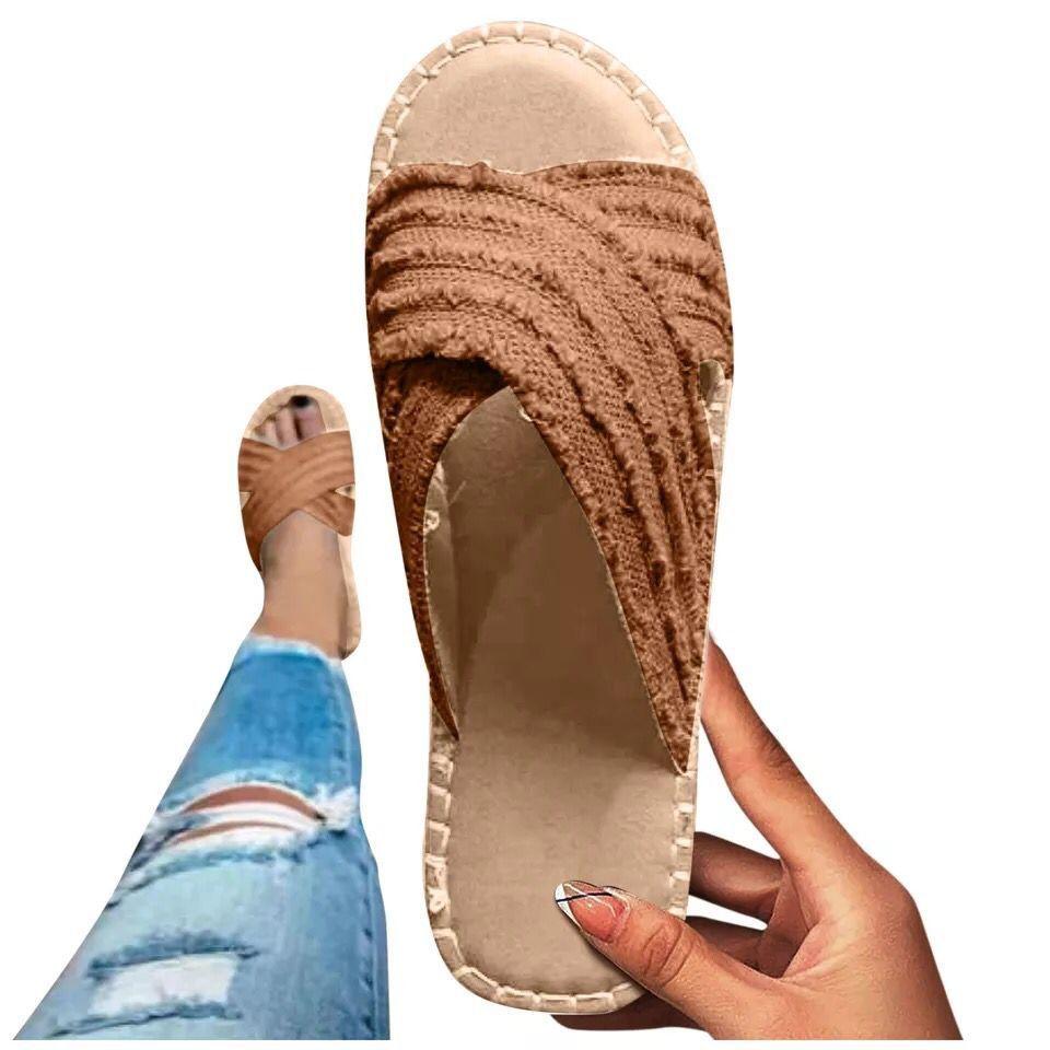 Station indépendante souhaite pantoufles plates à bout ouvert de grande taille pour femmes 2025 été nouveau denim fond corde de chanvre pantoufles un mot