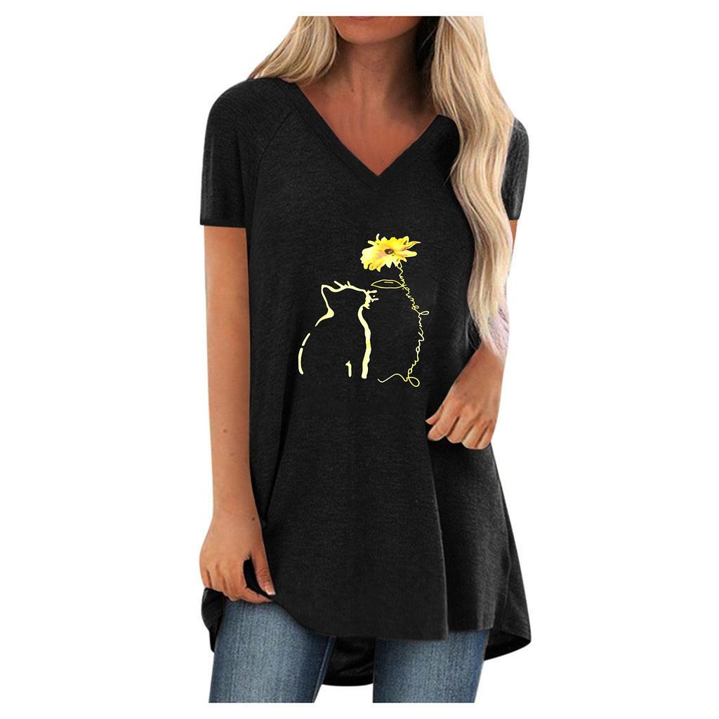 Women Fashion Plus Size Print V Neck Short Sleeved Long T-shirt Blouse