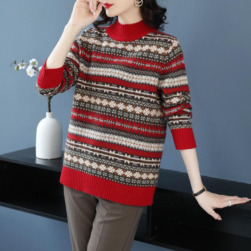 Women's Jacquard Pure Wool Sweater - Thickened Half-High Collar, Long Sleeve, Loose Knit - Autumn/Winter Fashion