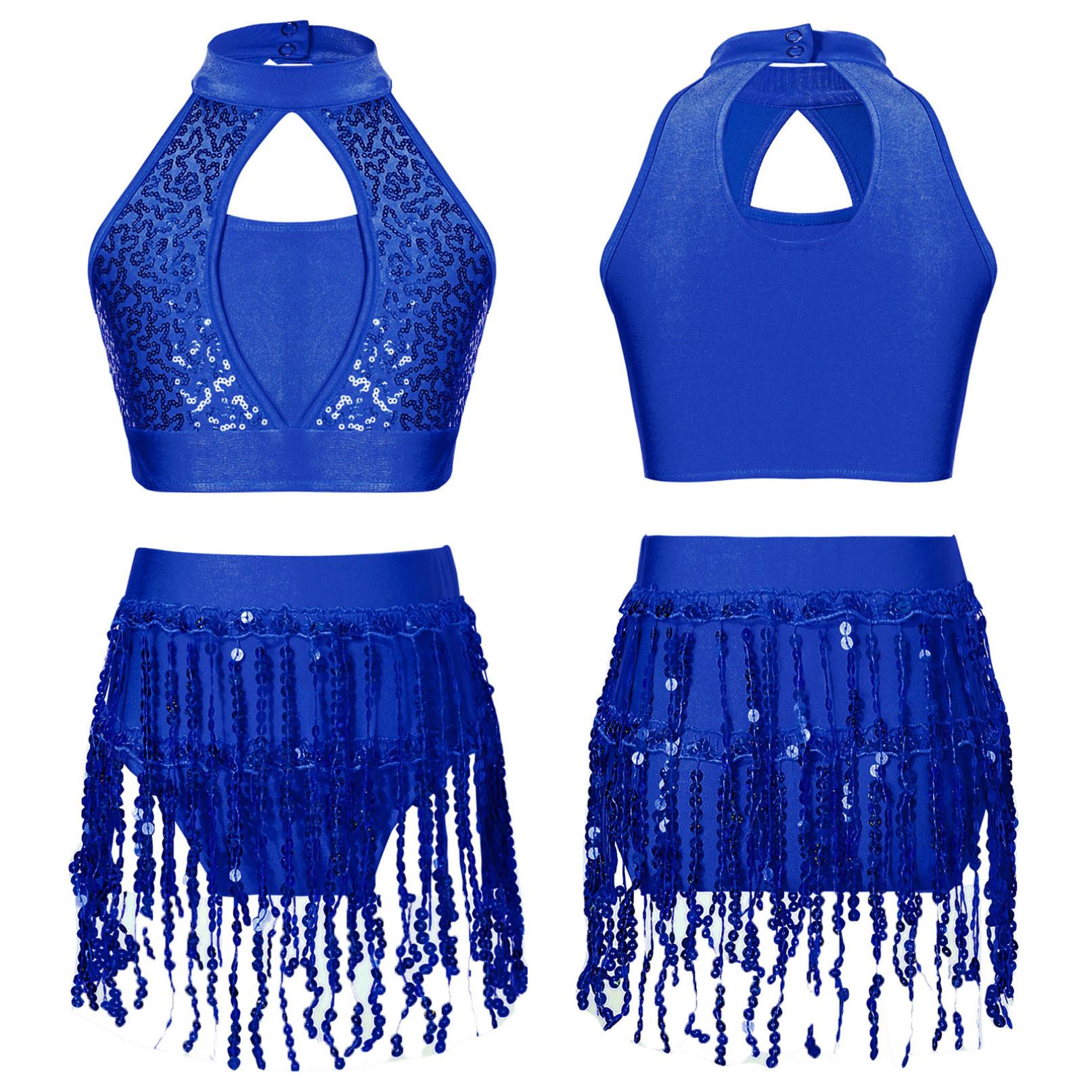 Completi da ballo per ragazze Top corto con paillettes in 2 pezzi con pantaloncini con frange Set abbigliamento da ballo per costumi di salsa latina jazz moderno 5-6 Years