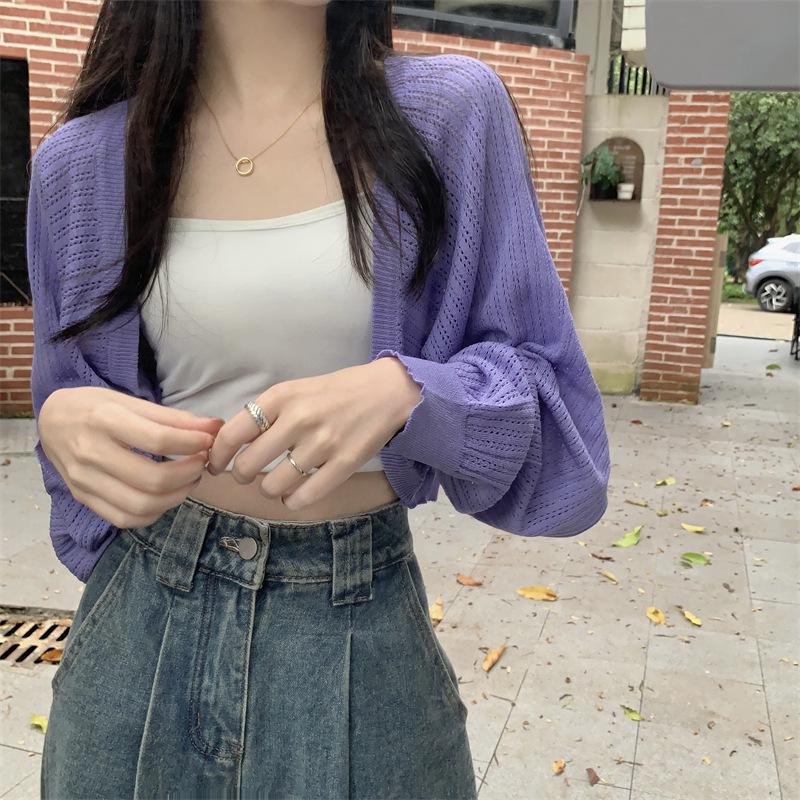 2024 Summer Light Knit Cardigan: Thin Loose Shrug with Lantern Sleeves, Airy Sun Protection Cover-Up, Short Top Jacket.