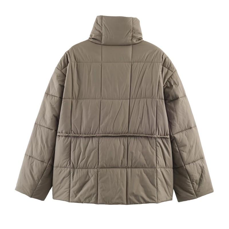 Womens Winter Short Cotton Puffer Jacket With Belt Loose Fit Stand Collar Coat Street Style Casual Wear