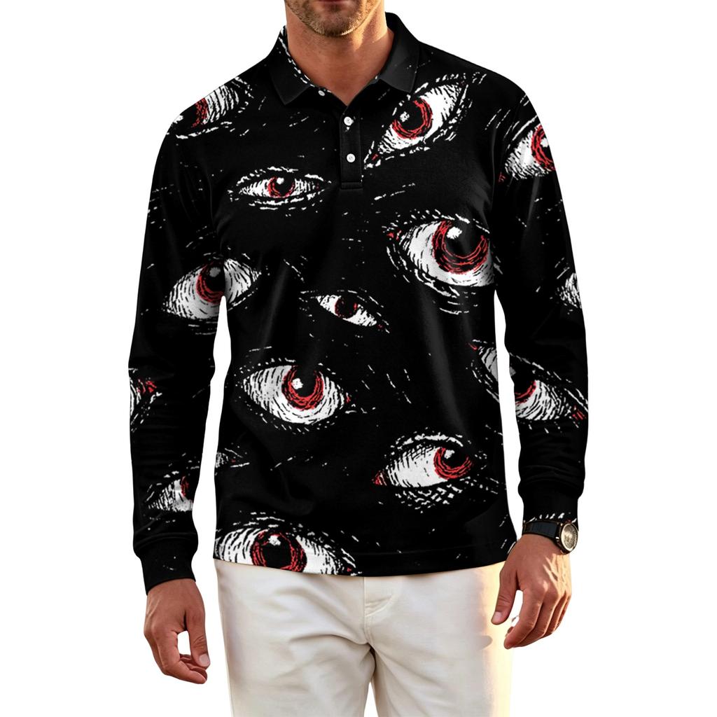 Herren Schnelltrocknendes Mesh Langarm Golfshirt mit Halloween-Print für Freizeitkleidung