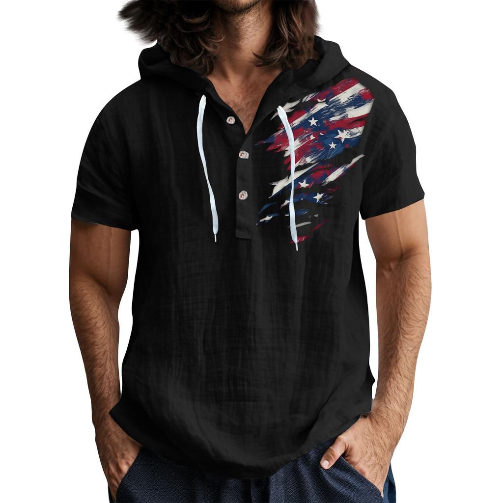 Men'S Casual Short Sleeved Hooded Top Buttoned Open Neck T-Shirt