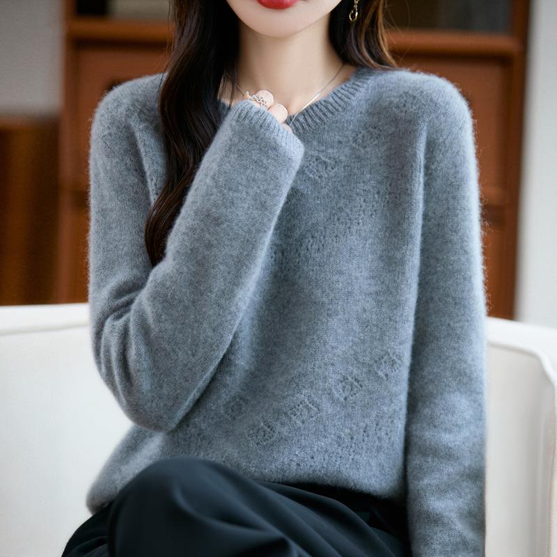 2025 A/W Pure Wool Lace Knitwear - Round Neck, Long Sleeve Crochet Pullover