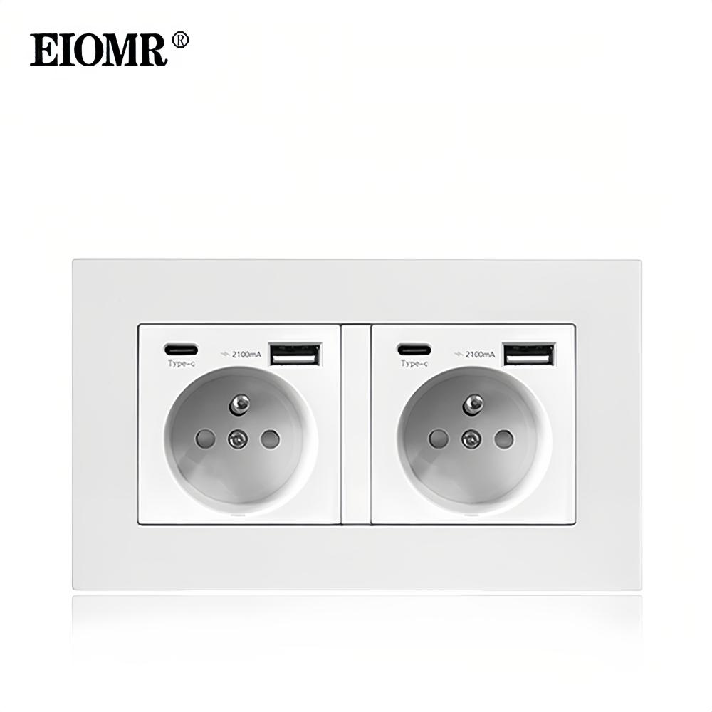 EIOMR France Standard Power Socket, Single Double AC 100~250V 16A White Black Wall Type-C Usb Plugs Outlet for Home Office