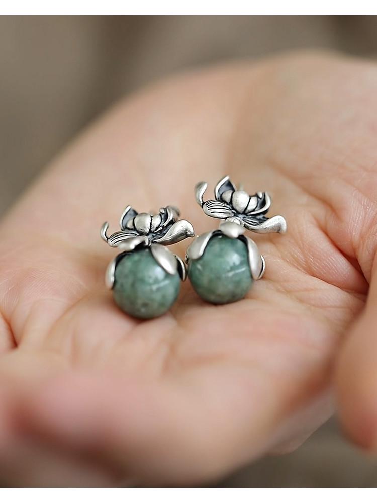 925 Sterling Silver Ethnic Style Good Fortune Lotus Flower Dangle Earrings for Women