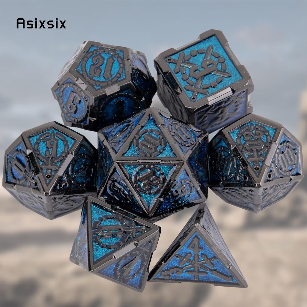 7 Pcs Blue Silver Double Swords Metal Dice Solid Polyhedral Dice Set Suitable for Role-Playing RPG   Pathfinder Board Game
