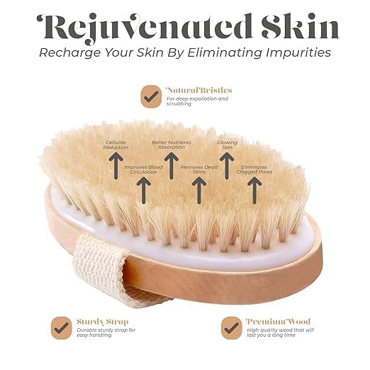 KIMEE Premium Natural Bristle Dry Body Brush for Exfoliation, Lymphatic Drainage & Smooth Skin – Wooden Handle with Hand Strap, Spa-Quality Cellul
