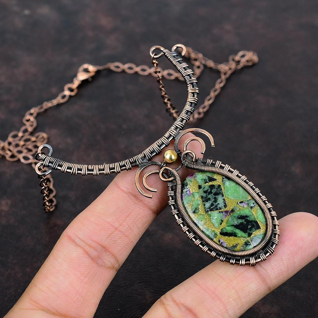 Copper Ruby Zoisite Necklace Copper Wire Wrapped Necklace Gemstone Jewelry Handmade Adjustable Necklace Antique Copper Jewelry Wedding Gift