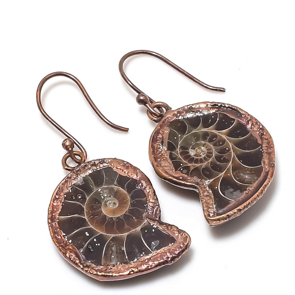 Ammonite Fossil Earrings Gemstone Jewelry, Copper Electroformed Earrings, Gift For Women Handmade Earrings
