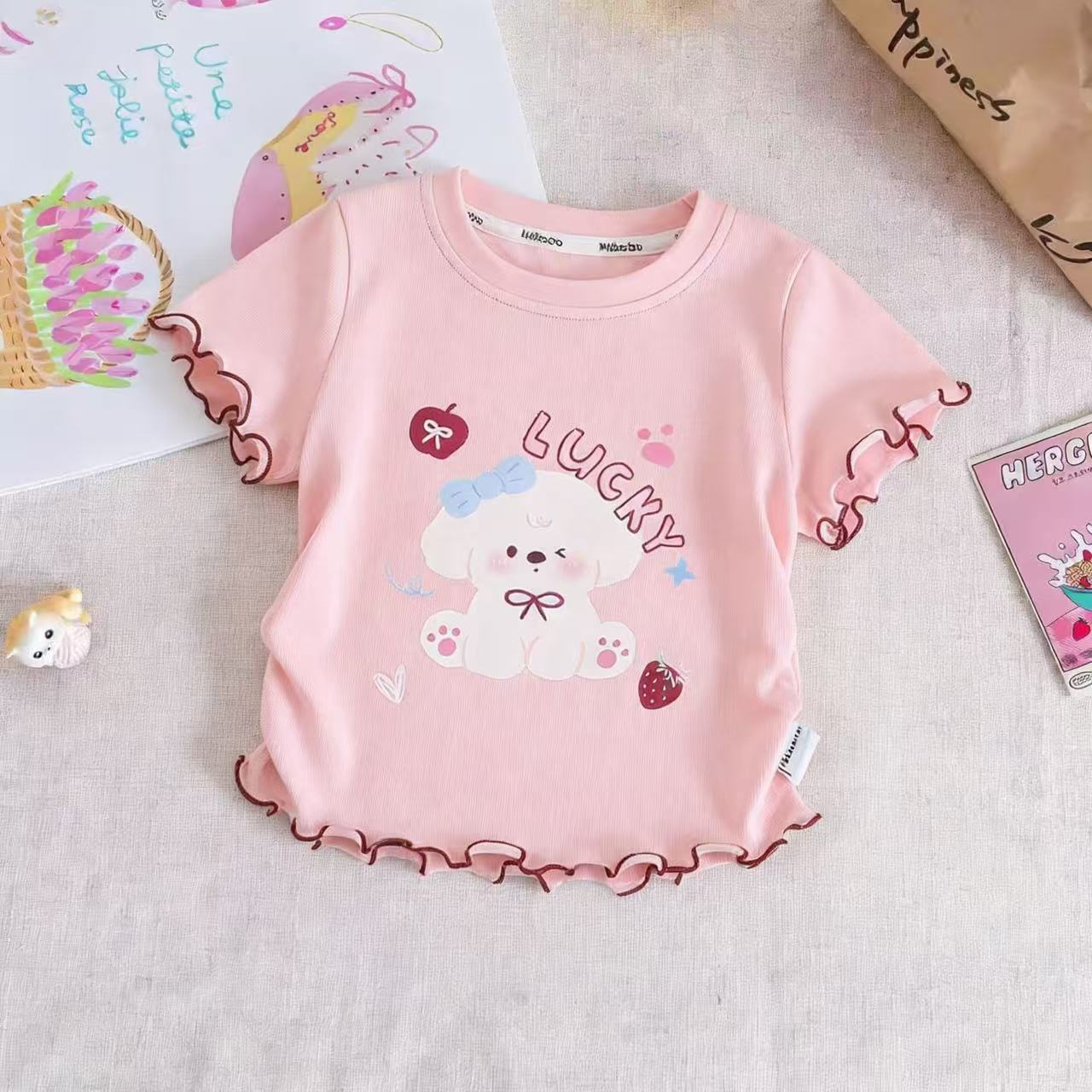 Girls Summer Short Sleeve T Shirt with Ruffled Trim Cute Print Round Neck Top 90