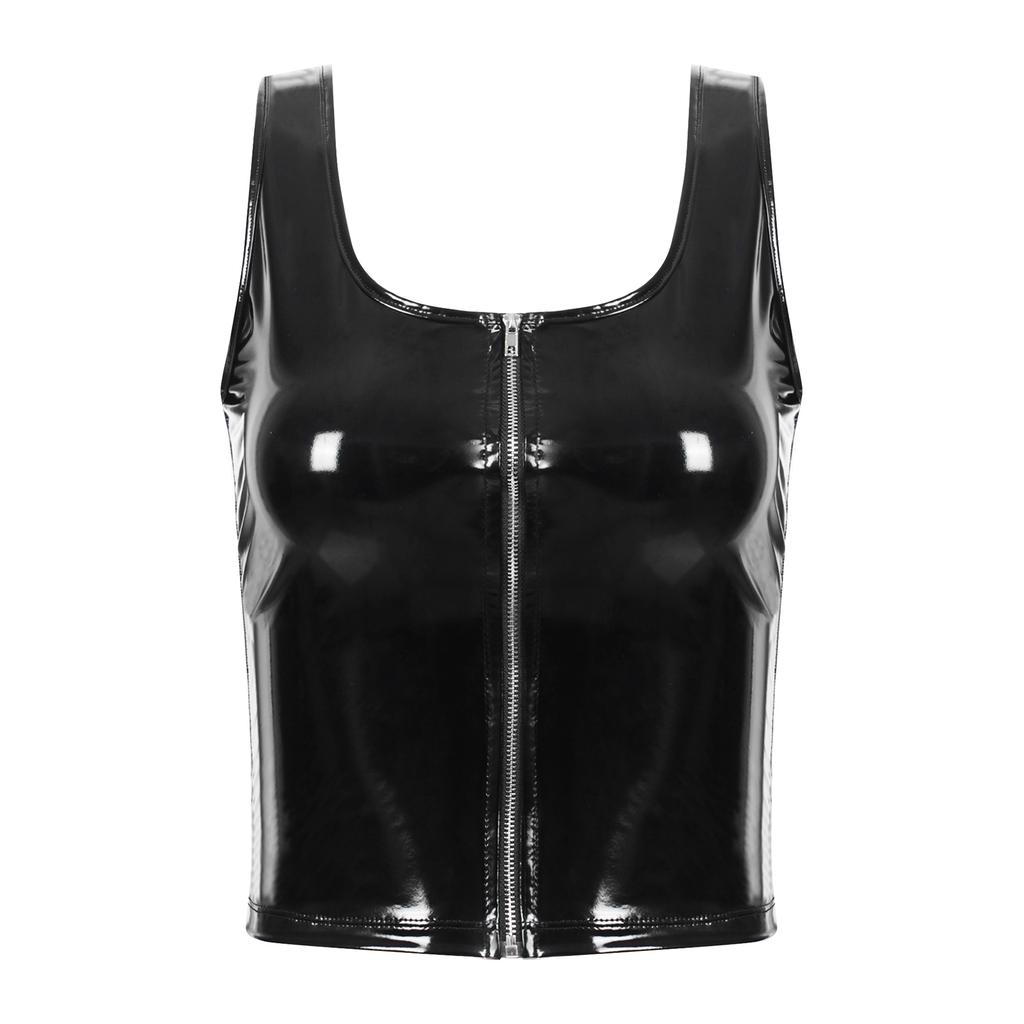 Women's Sexy Clubwear Patent Leather Tank Tops Fashion Wet Look Sleeveless Crop Tank Tops Vest