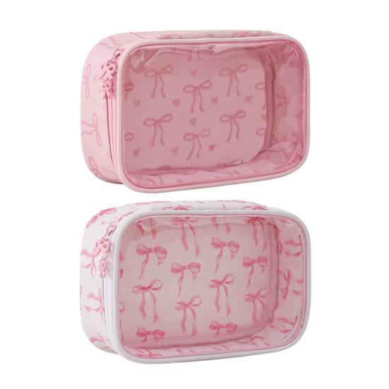 Pink Bow Makeup Bag Portable Cosmetic Pouch with Transparent Window Zippered Travel Cosmetic Organizer for Business Trip Vacation