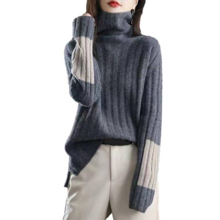 Women Warm Thick Soft Pullover Sweater Turtleneck Long Sleeve Knitted Color Block Patchwork Lady Winter Autumn Neck Protection