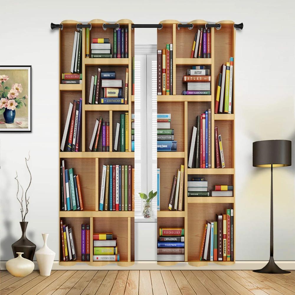 Retro Bookshelf Library Book Drapes designed for Bedroom Space Living Room Drapes Kitchen Children's Room Window Curtain Modern Home Decor