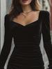 European & American Style Black Velvet V-Neck Slim-Fit Long-Sleeved Dress – Autumn/Winter Fashionable Short Skirt for Women