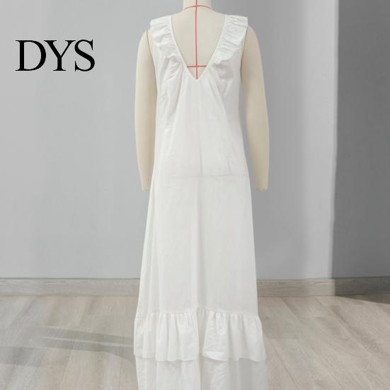 Pleated Dress Women Bohemian Long Summer Ruffle Deep V Neck Sleeveless Swing Solid Color Loose Casual Beach Vacation Maxi