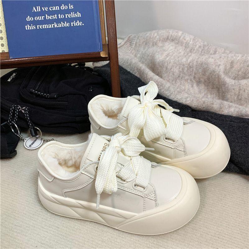 

High-value thick-soled bread cotton shoes for women s 2025 winter velvet casual little white shoes, waterproof and warm board shoes with leather sur 35
