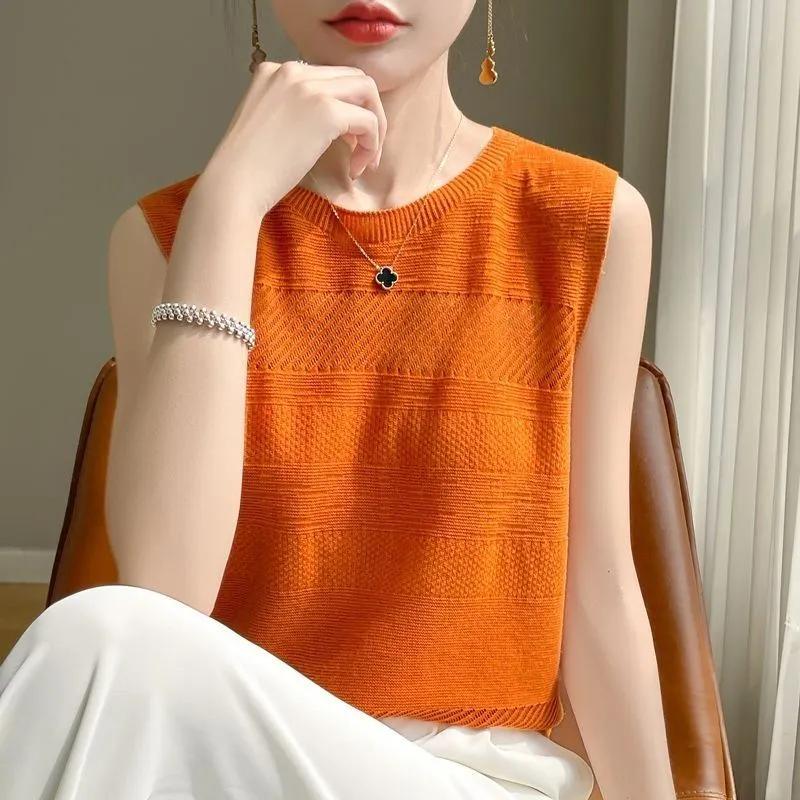 Women Spring and Summer Hollow Sleeveless Thin Soft Sweater Pullover Knitwear Bottoming Tops